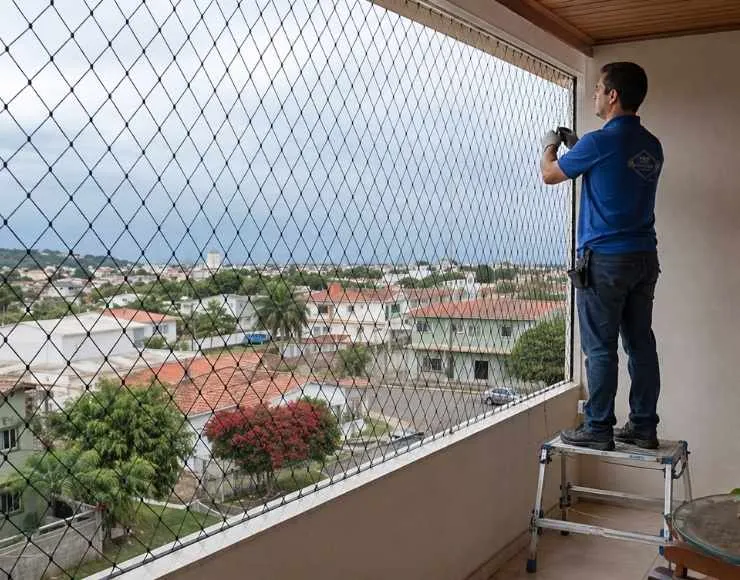 Rede de proteção instalada em janela com acabamento premium
